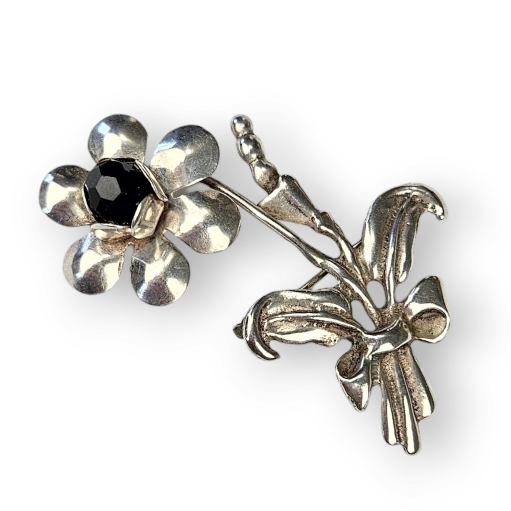 Vintage Sterling Flower Spray Brooch Ribbon Bouquet Black Glass 925 Silver 2.25"